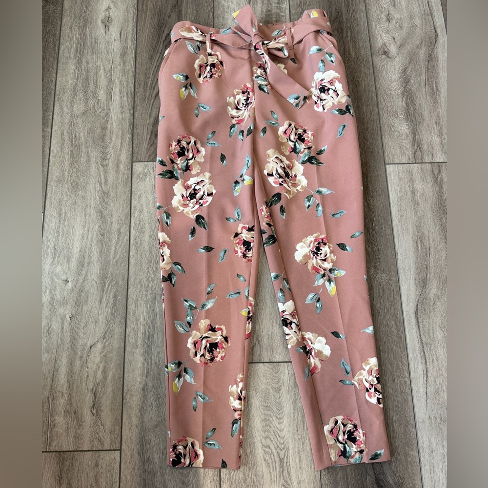 one by Chapter One- Women's Floral Tie-Waist Skinny Pants - Dusty Rose